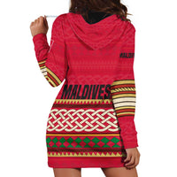 Maldives Tribal Heritage Red Hoodie Dress with Cultural Geometric Pattern and Island Flag Print