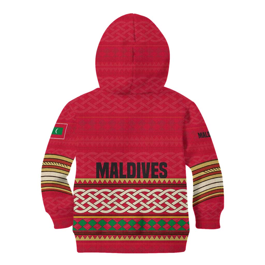 Maldives Tribal Heritage Red Kid Hoodie with Cultural Geometric Pattern and Island Flag Print