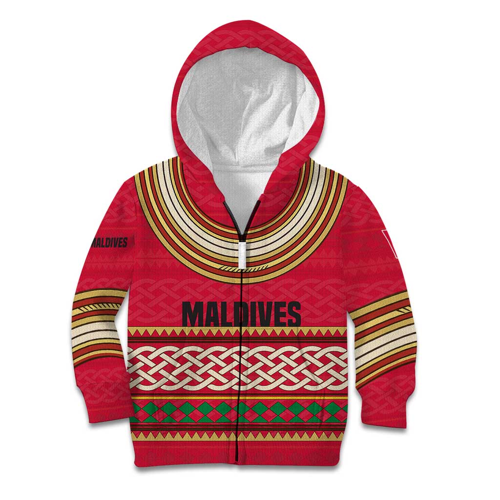 Maldives Tribal Heritage Red Kid Hoodie with Cultural Geometric Pattern and Island Flag Print
