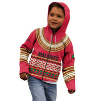 Maldives Tribal Heritage Red Kid Hoodie with Cultural Geometric Pattern and Island Flag Print