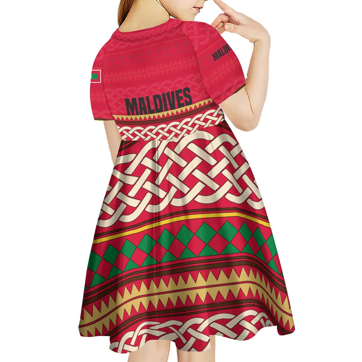 Maldives Tribal Heritage Red Kid Short Sleeve Dress with Cultural Geometric Pattern and Island Flag Print