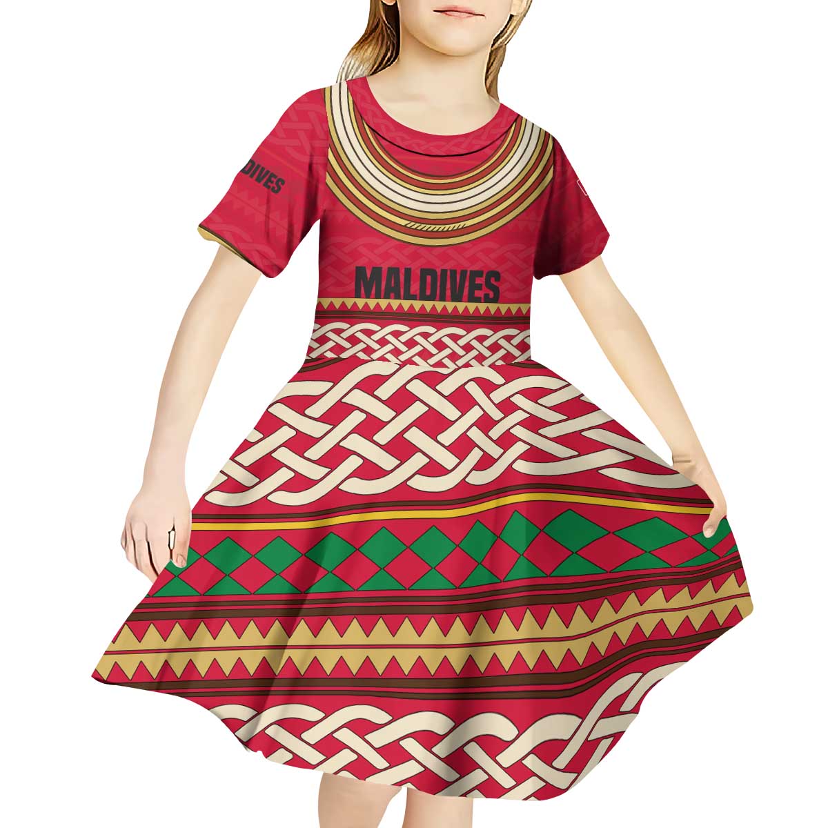 Maldives Tribal Heritage Red Kid Short Sleeve Dress with Cultural Geometric Pattern and Island Flag Print