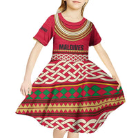 Maldives Tribal Heritage Red Kid Short Sleeve Dress with Cultural Geometric Pattern and Island Flag Print