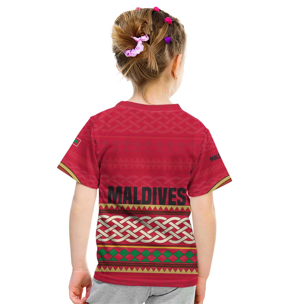 Maldives Tribal Heritage Red Kid T Shirt with Cultural Geometric Pattern and Island Flag Print