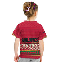 Maldives Tribal Heritage Red Kid T Shirt with Cultural Geometric Pattern and Island Flag Print