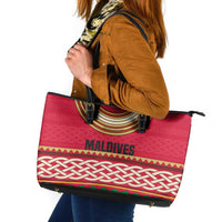 Maldives Tribal Heritage Red Leather Tote Bag with Cultural Geometric Pattern and Island Flag Print