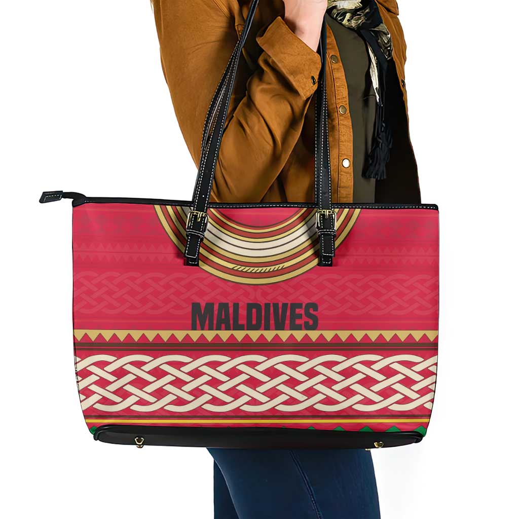 Maldives Tribal Heritage Red Leather Tote Bag with Cultural Geometric Pattern and Island Flag Print