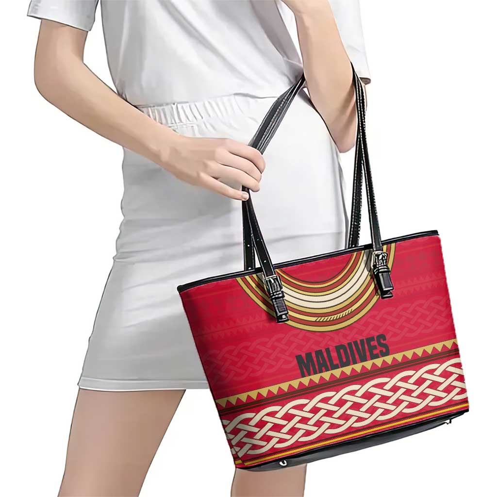 Maldives Tribal Heritage Red Leather Tote Bag with Cultural Geometric Pattern and Island Flag Print