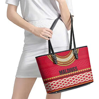 Maldives Tribal Heritage Red Leather Tote Bag with Cultural Geometric Pattern and Island Flag Print