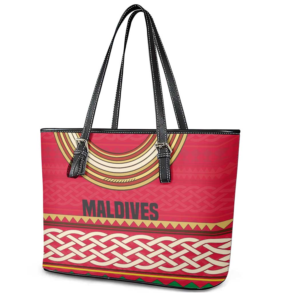 Maldives Tribal Heritage Red Leather Tote Bag with Cultural Geometric Pattern and Island Flag Print