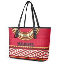 Maldives Tribal Heritage Red Leather Tote Bag with Cultural Geometric Pattern and Island Flag Print