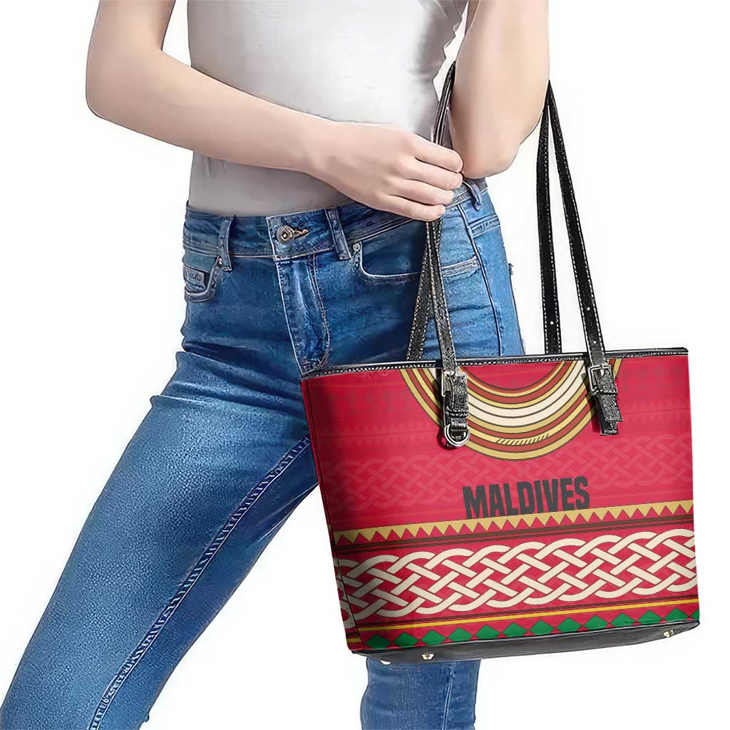 Maldives Tribal Heritage Red Leather Tote Bag with Cultural Geometric Pattern and Island Flag Print