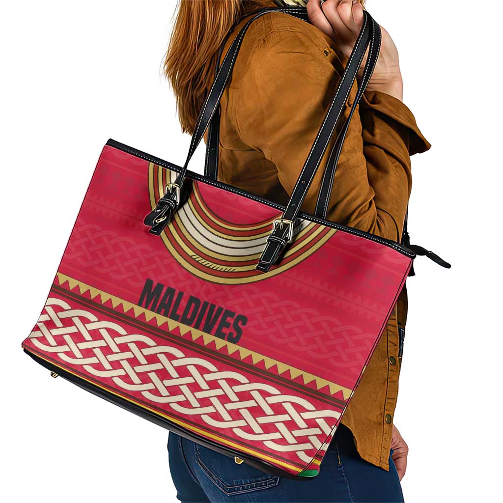 Maldives Tribal Heritage Red Leather Tote Bag with Cultural Geometric Pattern and Island Flag Print