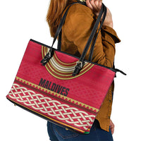 Maldives Tribal Heritage Red Leather Tote Bag with Cultural Geometric Pattern and Island Flag Print