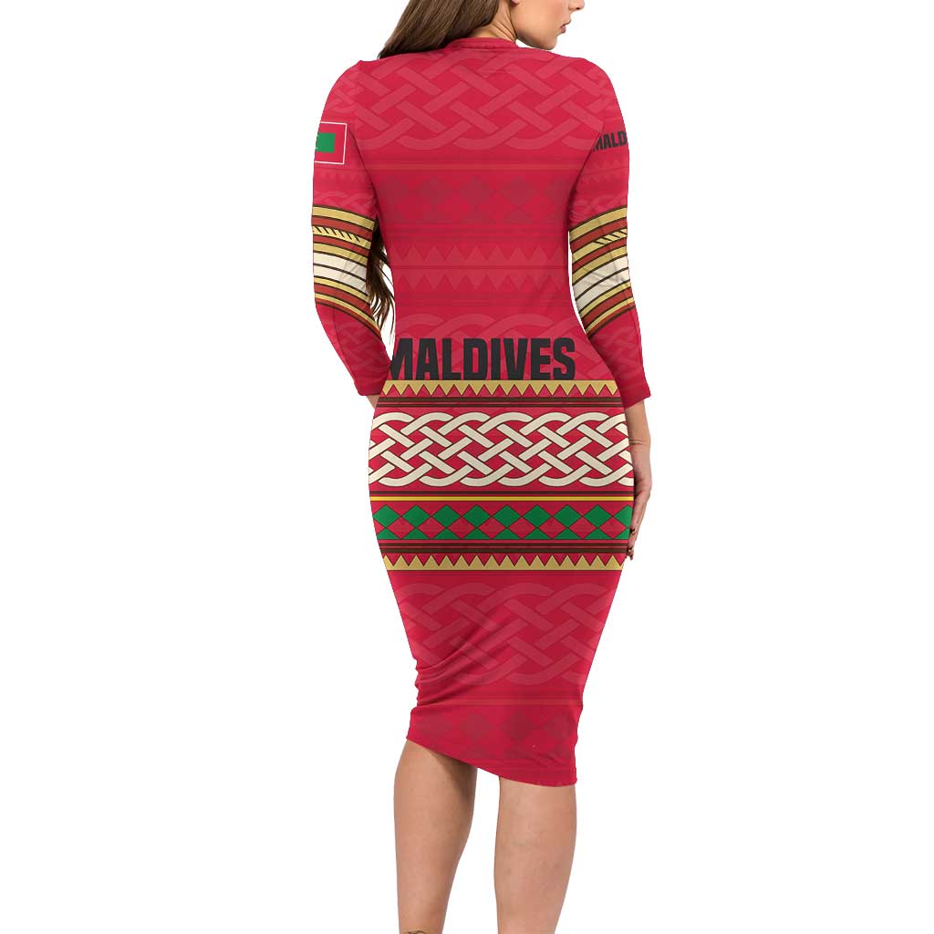 Maldives Tribal Heritage Red Long Sleeve Bodycon Dress with Cultural Geometric Pattern and Island Flag Print