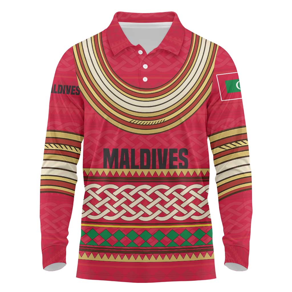 Maldives Tribal Heritage Red Long Sleeve Polo Shirt with Cultural Geometric Pattern and Island Flag Print