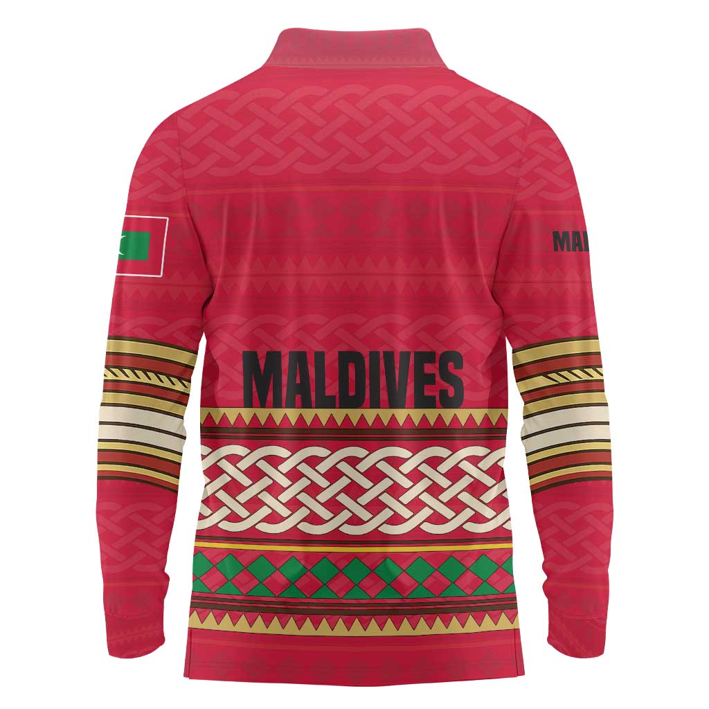Maldives Tribal Heritage Red Long Sleeve Polo Shirt with Cultural Geometric Pattern and Island Flag Print