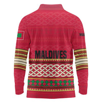 Maldives Tribal Heritage Red Long Sleeve Polo Shirt with Cultural Geometric Pattern and Island Flag Print