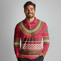 Maldives Tribal Heritage Red Long Sleeve Polo Shirt with Cultural Geometric Pattern and Island Flag Print