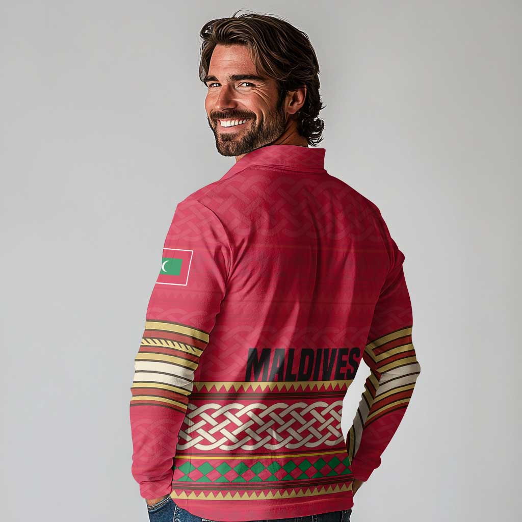 Maldives Tribal Heritage Red Long Sleeve Polo Shirt with Cultural Geometric Pattern and Island Flag Print