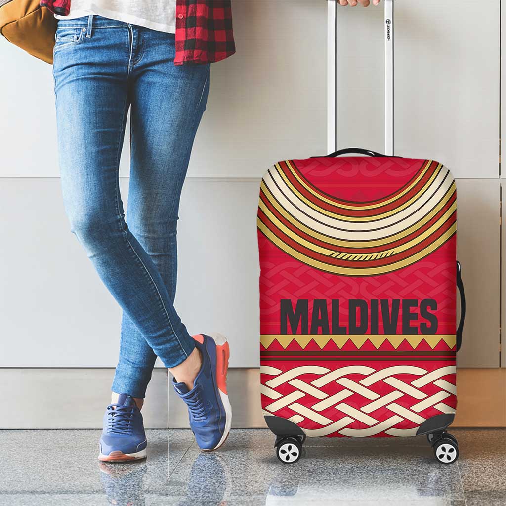 Maldives Tribal Heritage Red Luggage Cover with Cultural Geometric Pattern and Island Flag Print
