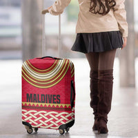 Maldives Tribal Heritage Red Luggage Cover with Cultural Geometric Pattern and Island Flag Print