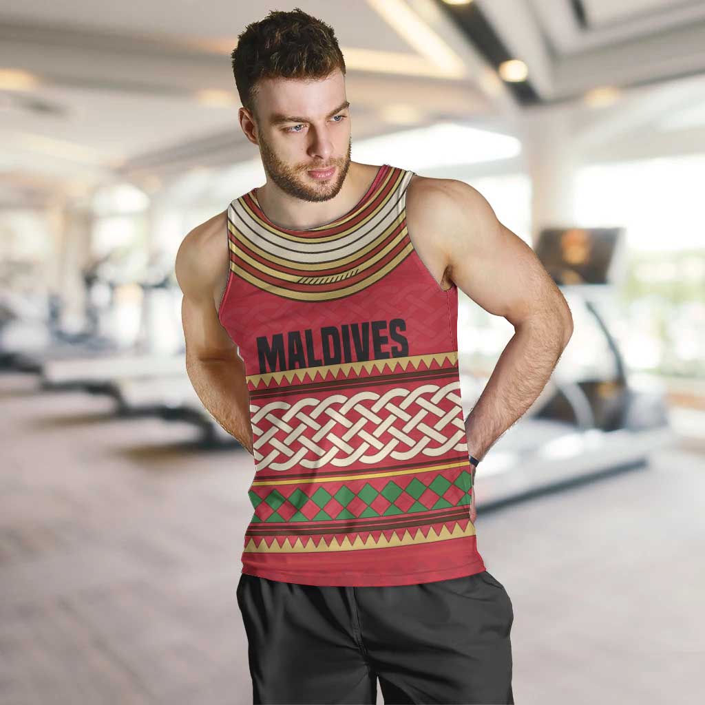 Maldives Tribal Heritage Red Men Tank Top with Cultural Geometric Pattern and Island Flag Print