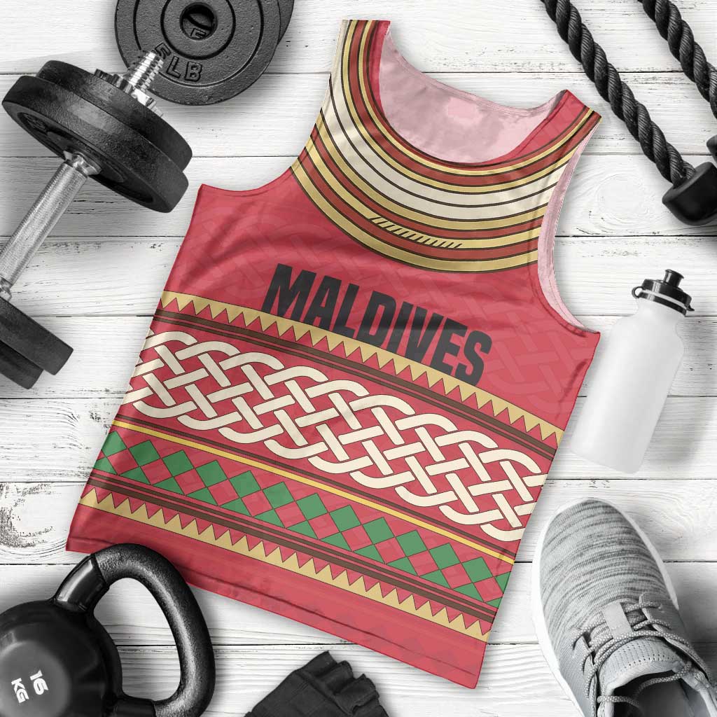 Maldives Tribal Heritage Red Men Tank Top with Cultural Geometric Pattern and Island Flag Print