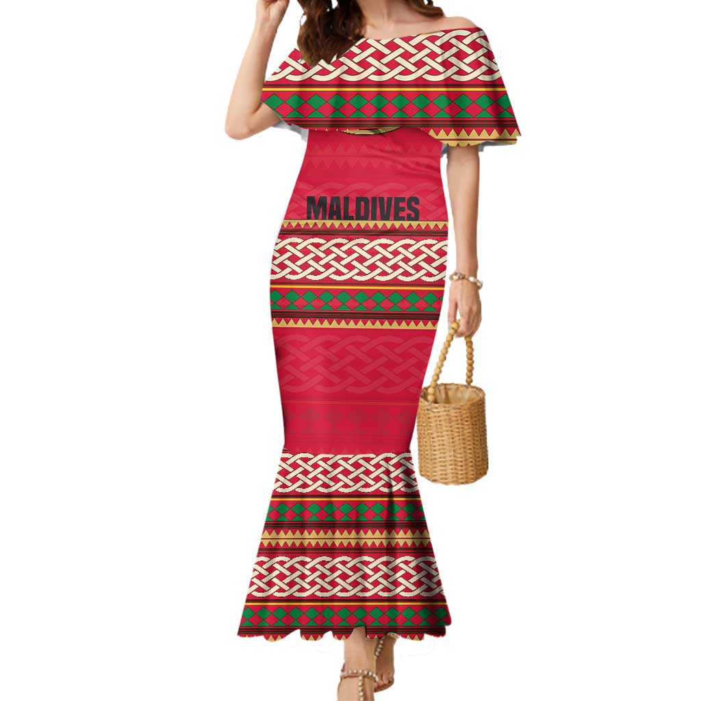 Maldives Tribal Heritage Red Mermaid Dress with Cultural Geometric Pattern and Island Flag Print