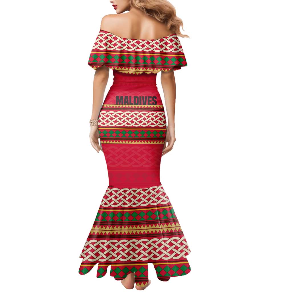 Maldives Tribal Heritage Red Mermaid Dress with Cultural Geometric Pattern and Island Flag Print