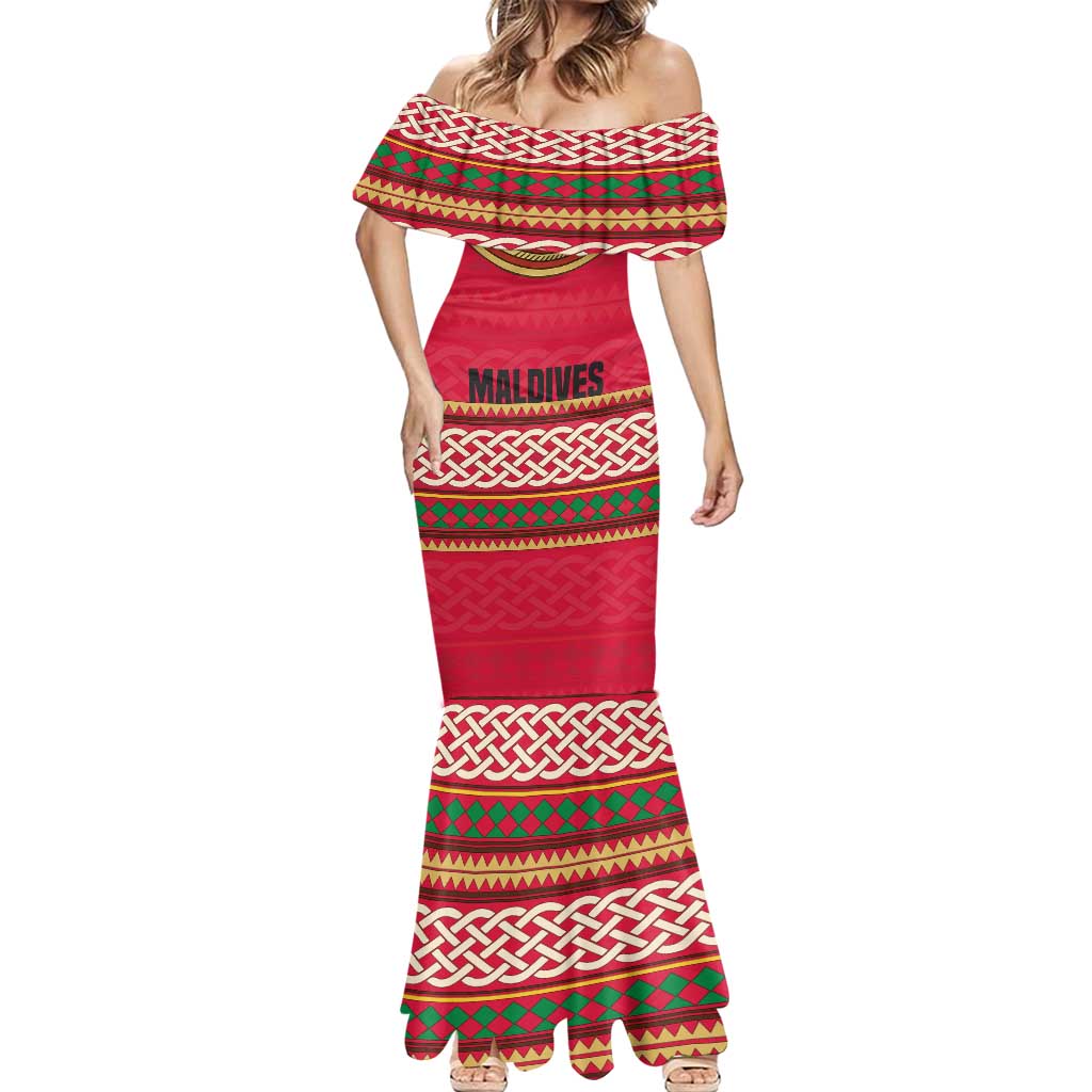 Maldives Tribal Heritage Red Mermaid Dress with Cultural Geometric Pattern and Island Flag Print