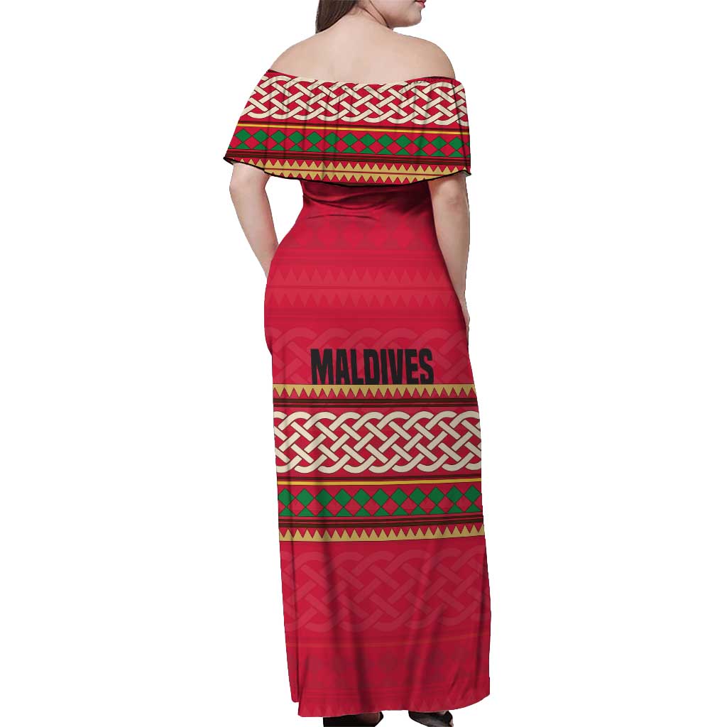 Maldives Tribal Heritage Red Off Shoulder Maxi Dress with Cultural Geometric Pattern and Island Flag Print