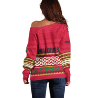 Maldives Tribal Heritage Red Off Shoulder Sweater with Cultural Geometric Pattern and Island Flag Print