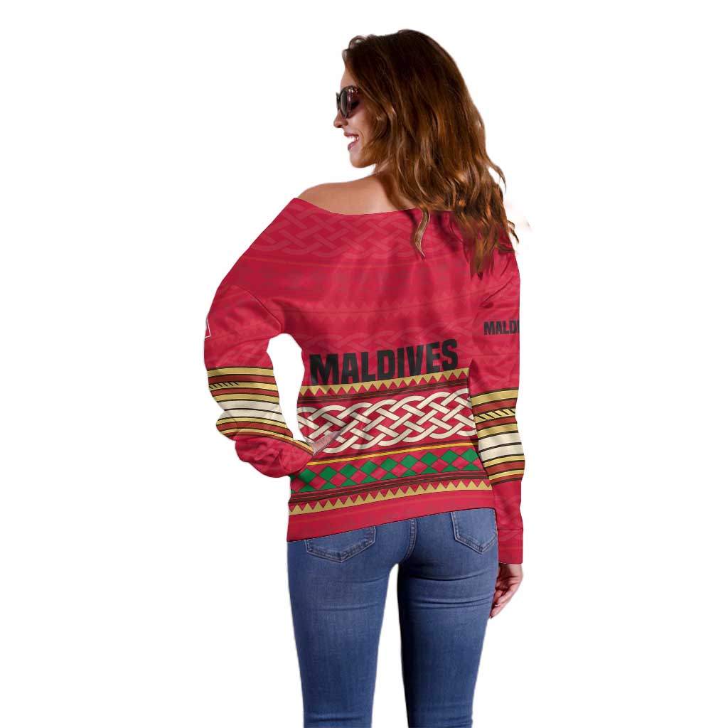 Maldives Tribal Heritage Red Off Shoulder Sweater with Cultural Geometric Pattern and Island Flag Print