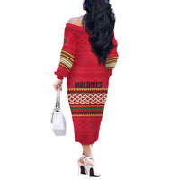 Maldives Tribal Heritage Red Off The Shoulder Long Sleeve Dress with Cultural Geometric Pattern and Island Flag Print