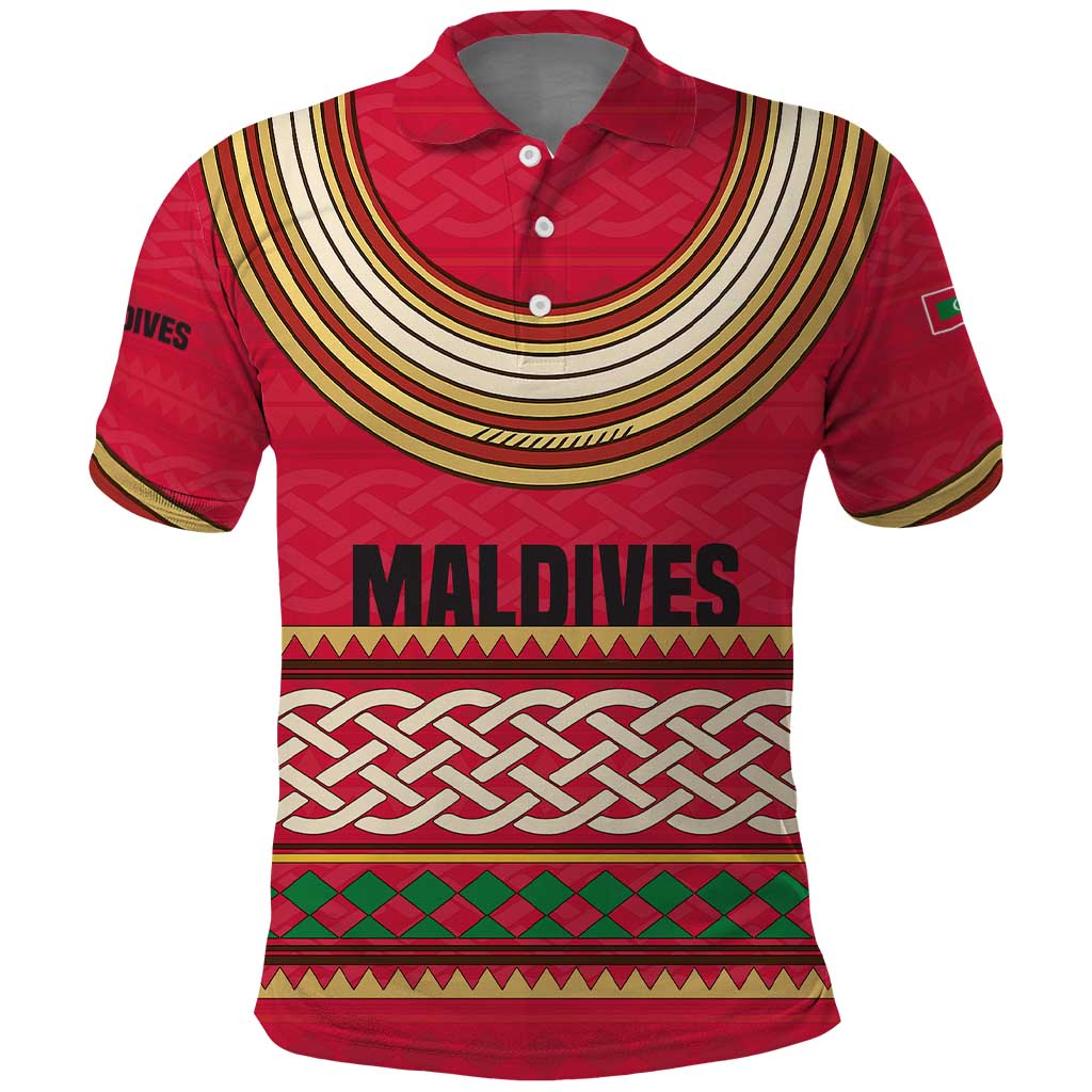 Maldives Tribal Heritage Red Polo Shirt with Cultural Geometric Pattern and Island Flag Print