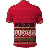 Maldives Tribal Heritage Red Polo Shirt with Cultural Geometric Pattern and Island Flag Print