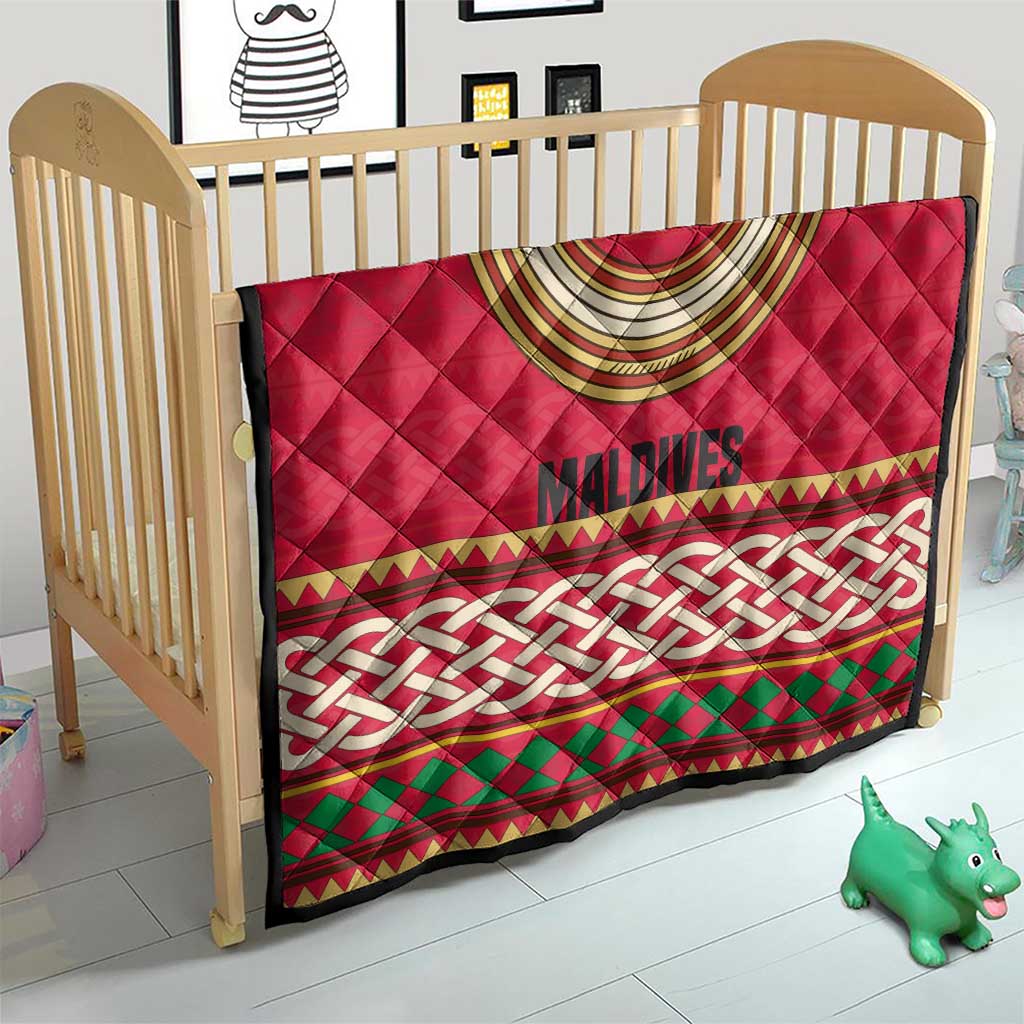 Maldives Tribal Heritage Red Quilt with Cultural Geometric Pattern and Island Flag Print