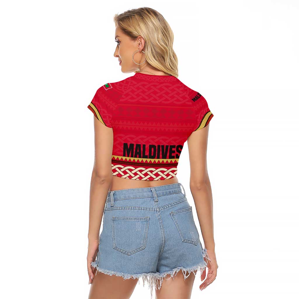 Maldives Tribal Heritage Red Raglan Cropped T Shirt with Cultural Geometric Pattern and Island Flag Print