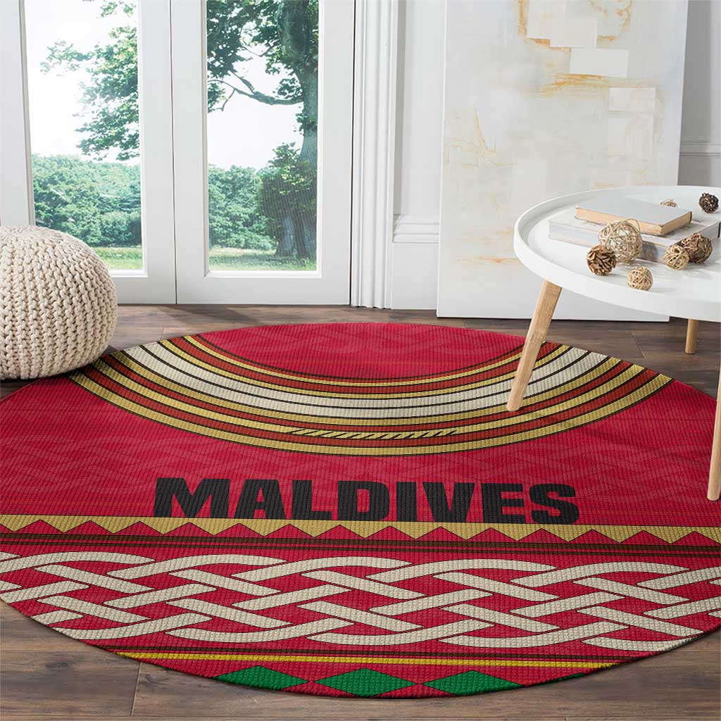 Maldives Tribal Heritage Red Round Carpet with Cultural Geometric Pattern and Island Flag Print