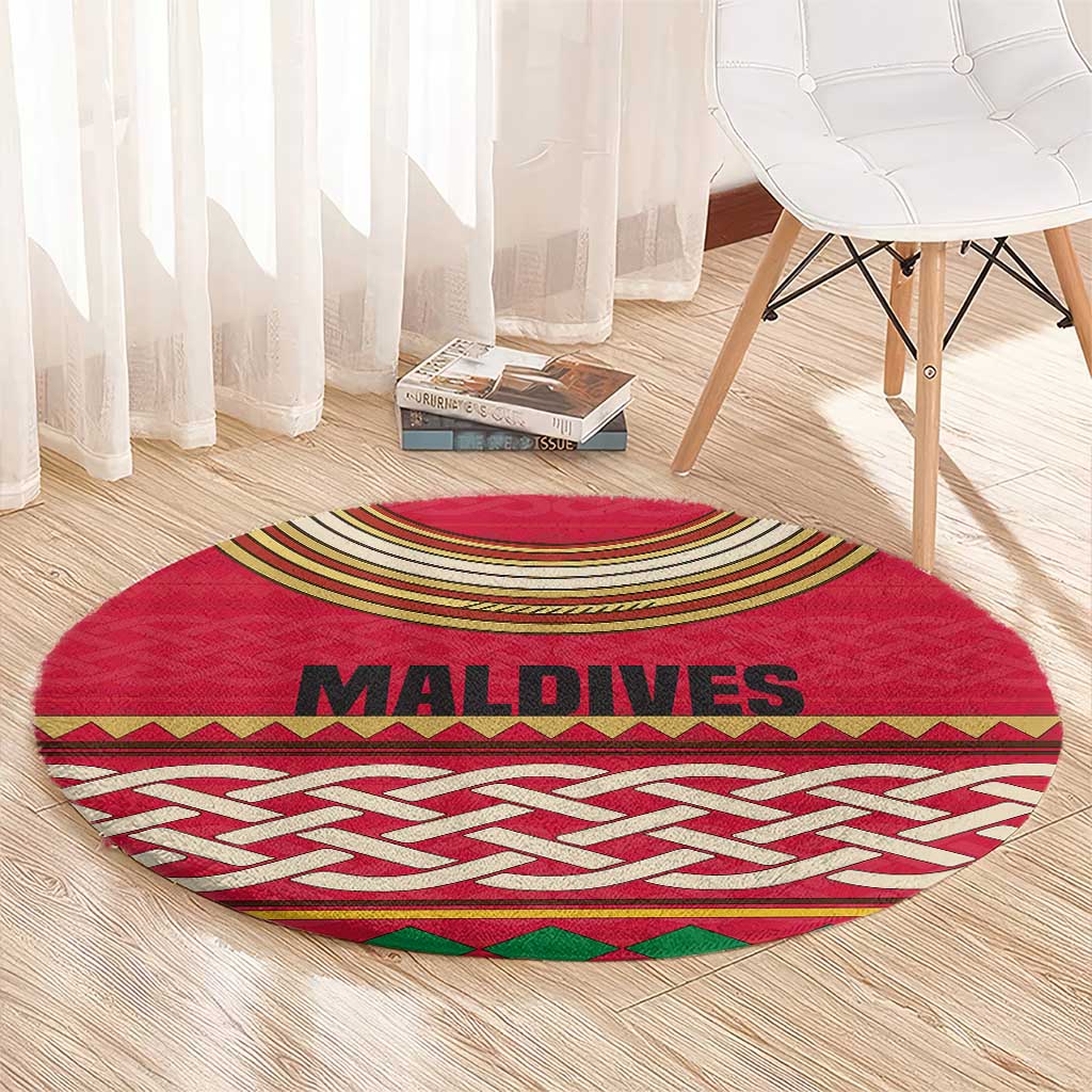 Maldives Tribal Heritage Red Round Carpet with Cultural Geometric Pattern and Island Flag Print