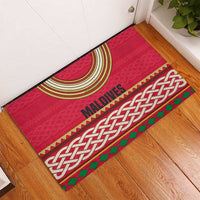 Maldives Tribal Heritage Red Rubber Doormat with Cultural Geometric Pattern and Island Flag Print
