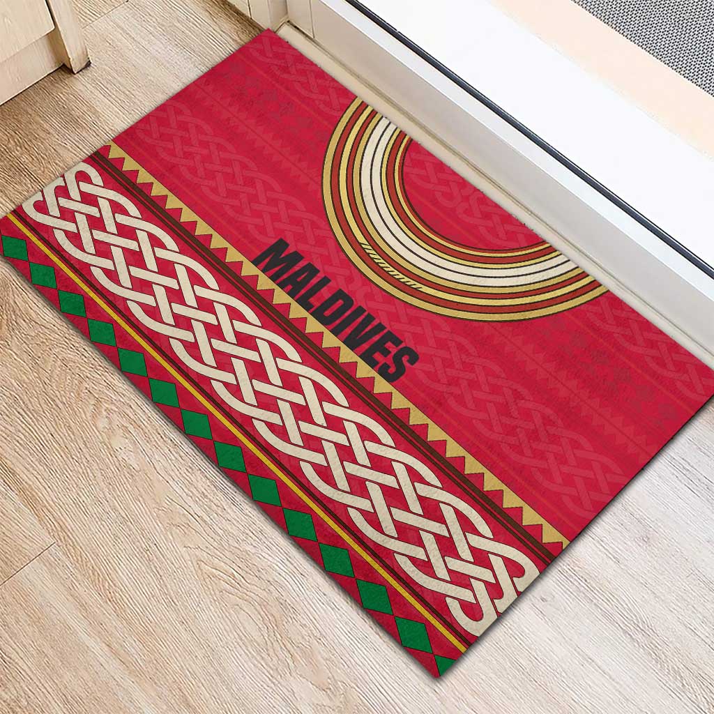 Maldives Tribal Heritage Red Rubber Doormat with Cultural Geometric Pattern and Island Flag Print
