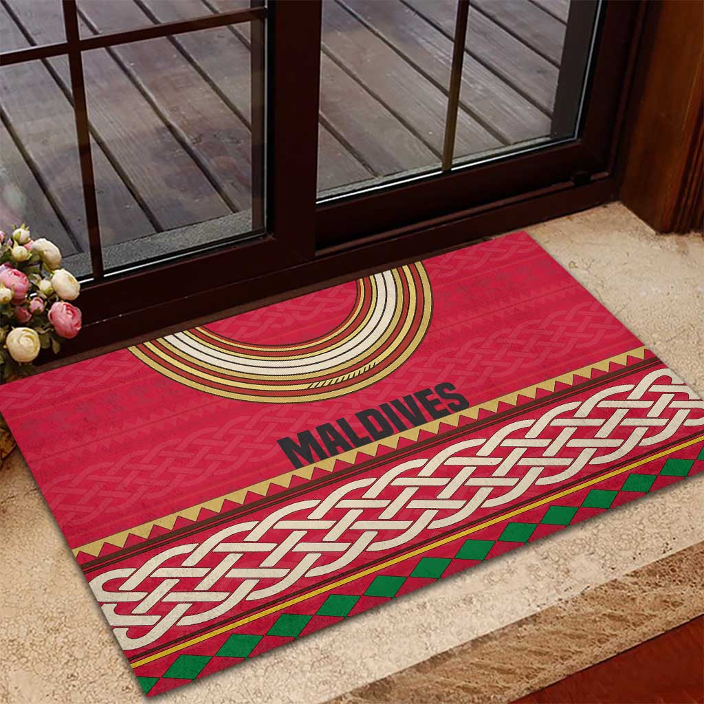 Maldives Tribal Heritage Red Rubber Doormat with Cultural Geometric Pattern and Island Flag Print