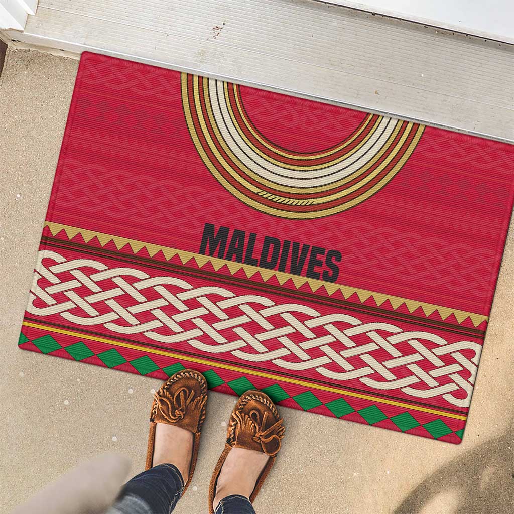 Maldives Tribal Heritage Red Rubber Doormat with Cultural Geometric Pattern and Island Flag Print