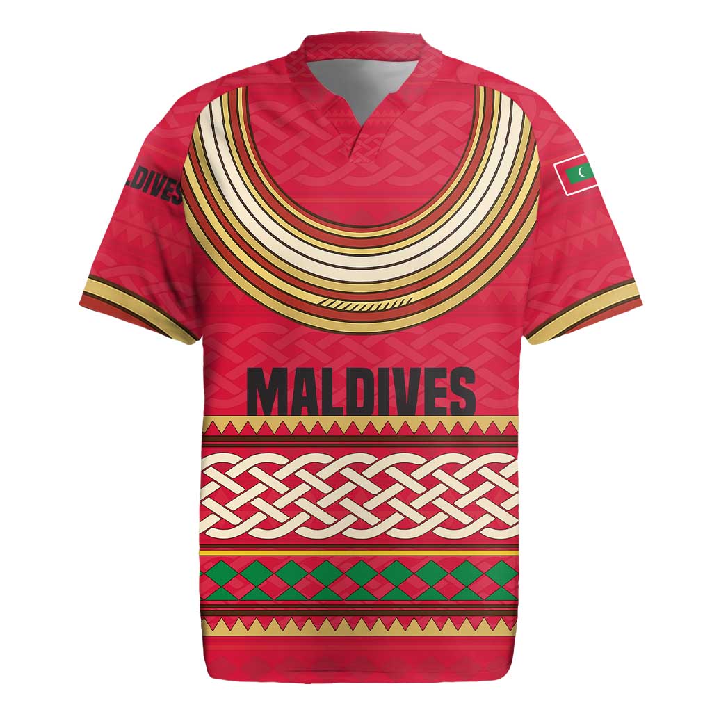 Maldives Tribal Heritage Red Rugby Jersey with Cultural Geometric Pattern and Island Flag Print