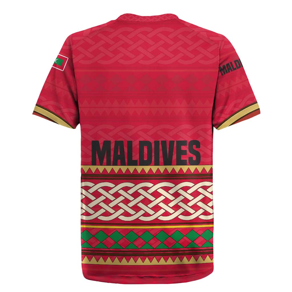 Maldives Tribal Heritage Red Rugby Jersey with Cultural Geometric Pattern and Island Flag Print