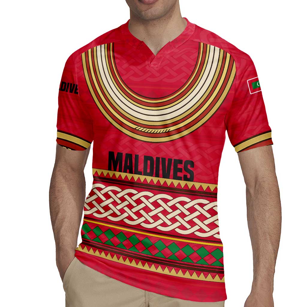 Maldives Tribal Heritage Red Rugby Jersey with Cultural Geometric Pattern and Island Flag Print