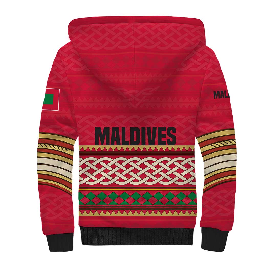 Maldives Tribal Heritage Red Sherpa Hoodie with Cultural Geometric Pattern and Island Flag Print