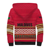 Maldives Tribal Heritage Red Sherpa Hoodie with Cultural Geometric Pattern and Island Flag Print